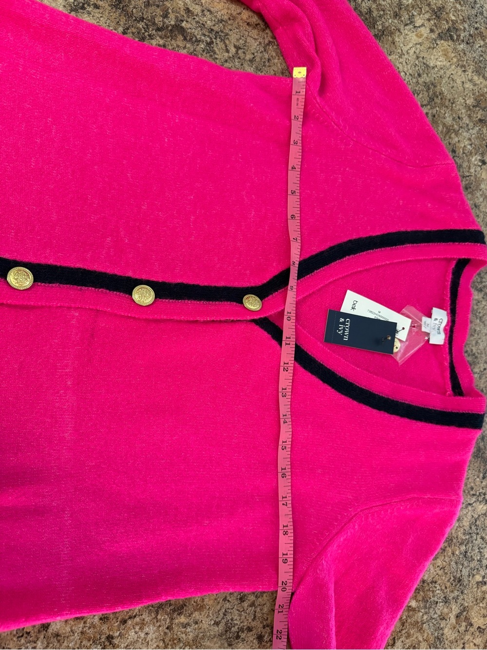 NWT Crown & Ivy Hot Pink Cardigan V Neck Black Trim Sweater Size M Barbiecore - Picture 5 of 6